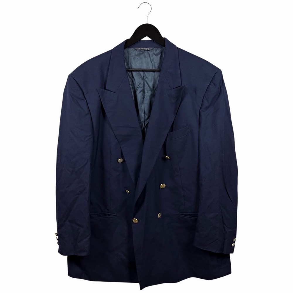 Vintage BURBERRYS Navy Blue Gold Button Super 100's Wool Double Breasted Blazer